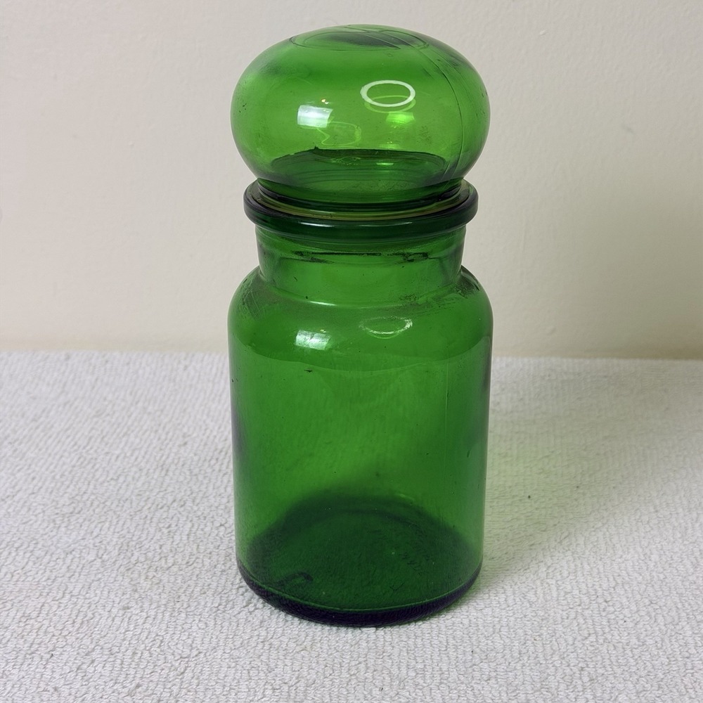 Vintage Belgium Green Glass Apothecary Jar Chemist Pharmacy Bottle w/Bubble Lid